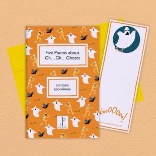 View ‘Five Poems about Gh…Gh…Ghosts’ group shot Group image of the Five Poems about Gh…Gh…Ghosts poetry pamphlet on a decorative background