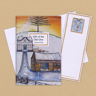 View ‘Gift of the Old One: by Eunice Day’ group shot Group image of the Gift of the Old One: by Eunice Day poetry pamphlet on a decorative background