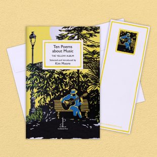 Group image of the Ten Poems about Music: THE YELLOW ALBUM poetry pamphlet on a decorative background