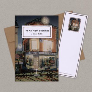 View ‘The All Night Bookshop: by David Belbin’ group shot Group image of the The All Night Bookshop: by David Belbin poetry pamphlet on a decorative background
