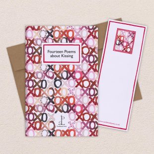 View ‘Fourteen Poems about Kissing’ group shot Group image of the Fourteen Poems about Kissing poetry pamphlet on a decorative background