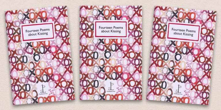 Three front covers of the Fourteen Poems about Kissing poetry pamphlet on a decorative background