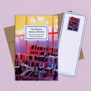 View ‘Ten Poems about Libraries’ group shot Group image of the Ten Poems about Libraries poetry pamphlet on a decorative background