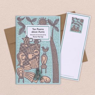 View ‘Ten Poems about Aunts’ group shot Group image of the Ten Poems about Aunts poetry pamphlet on a decorative background