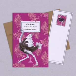 Group image of the Ostriches: Ten Poems about My Dad - by Jeanette Burton poetry pamphlet on a decorative background