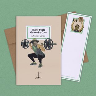 View ‘Thirty Poets Go to the Gym: by George Szirtes’ group shot Group image of the Thirty Poets Go to the Gym: by George Szirtes poetry pamphlet on a decorative background