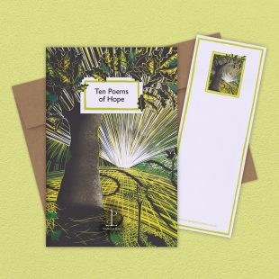 Group image of the Ten Poems of Hope poetry pamphlet on a decorative background