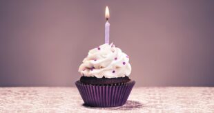A single cupcake with a single lit candle on a decorative background